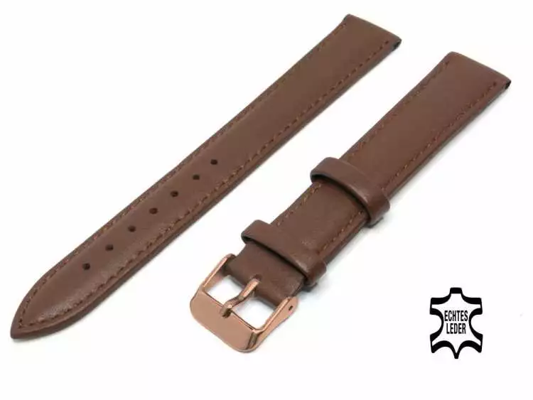 XL Länge Überlänge Uhrenarmband 18 mm Kalbsleder Dunkelbraun Ziernaht, Rosegold Stahlschließe