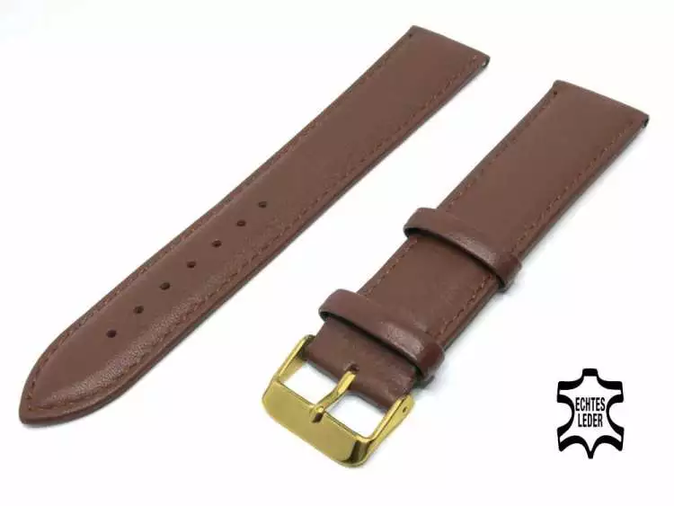 XL Länge Überlänge Uhrenarmband 22 mm Kalbsleder Dunkelbraun Ziernaht, vergoldete Schließe