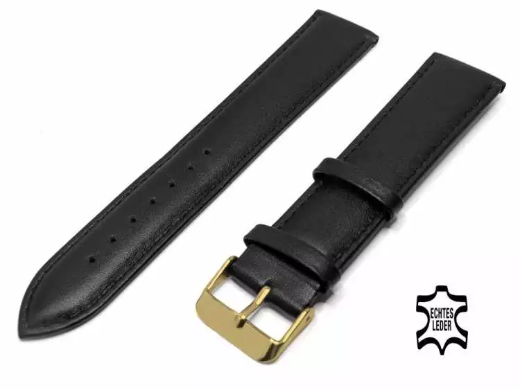 XL Länge Überlänge Uhrenarmband 22 mm Kalbsleder Schwarz mit Ziernaht, vergoldete Schließe