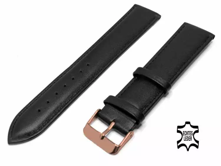 XL Länge Überlänge Uhrenarmband 22 mm Kalbsleder Schwarz mit Ziernaht, Rosegold Edelstahl-Schließe
