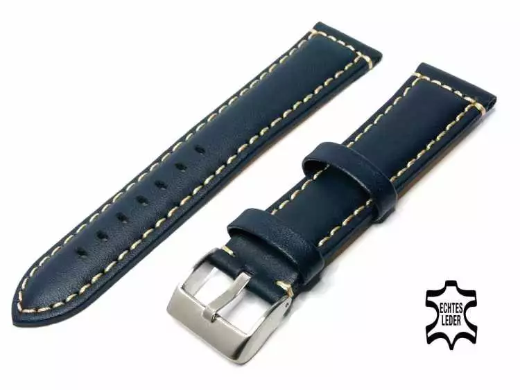 Uhrenarmband Echt Leder 20 mm dunkelblau mit Ziernaht