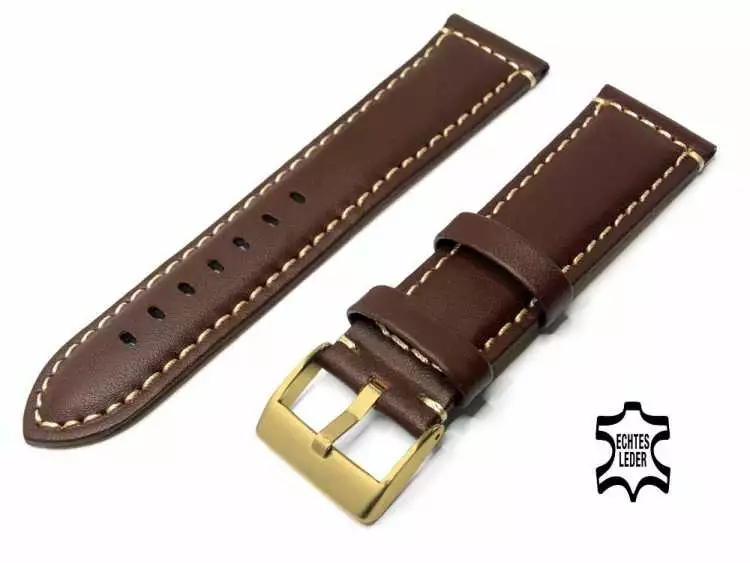 Uhrenarmband Echt Leder 24 mm Dunkelbraun mit Ziernaht, vergoldete Schließe