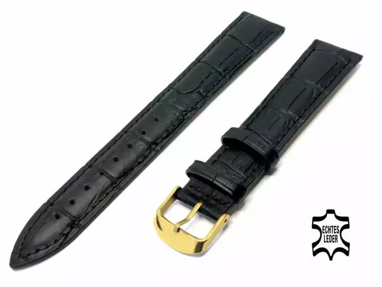 XL Länge Uhrenarmband Leder 20 mm Schwarz Alligator Prägung, vergoldete Schließe