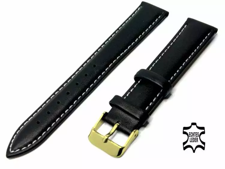 Uhrenarmband Leder 18 mm Schwarz Feines Kalbleder weisse Stepp-Ziernaht, vergoldete Schließe
