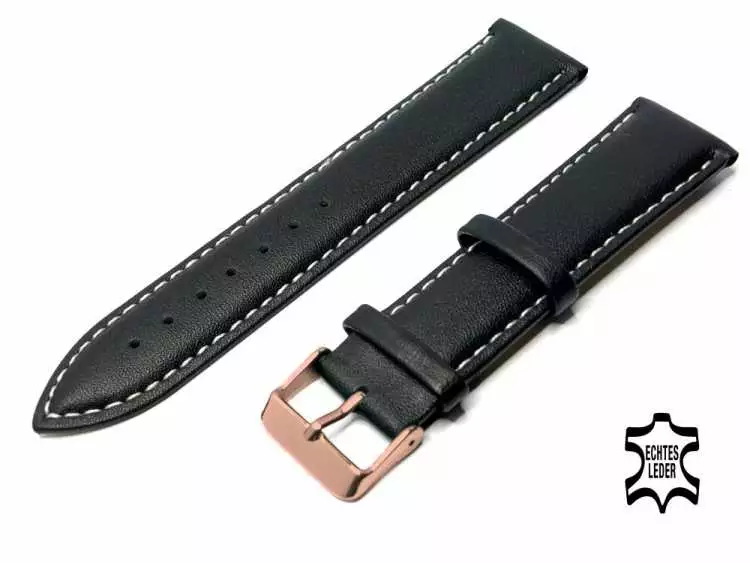 Uhrenarmband Leder 22 mm Schwarz Feines Kalbleder weisse Stepp-Ziernaht, Rosegoldfarbige Schließe