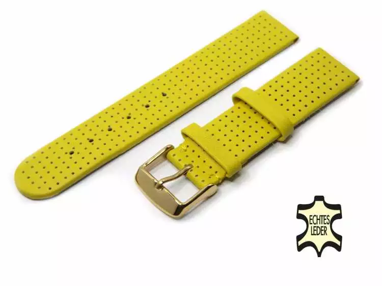 18 mm Leder Uhrenarmband Gelb Echt Kalb mit feinem Lochmuster, vergoldete Schließe