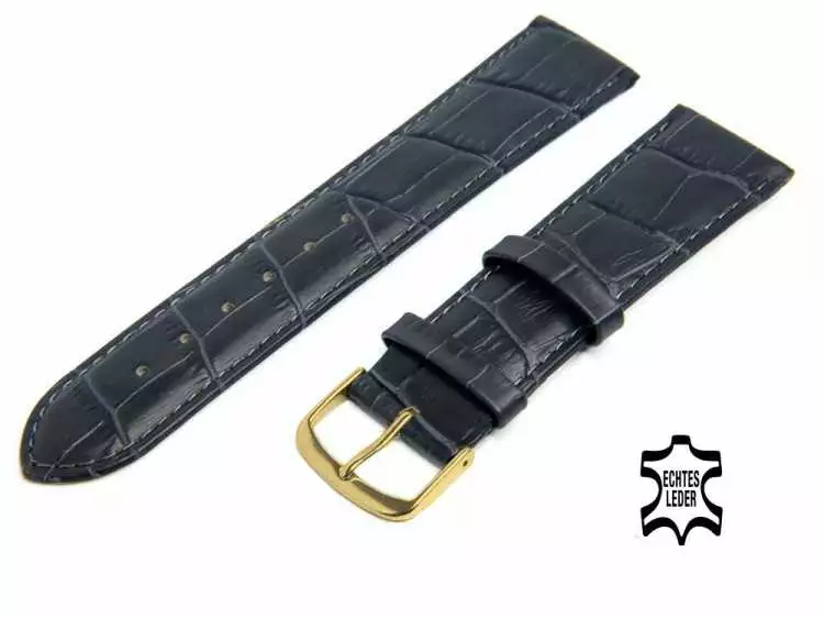 22 mm Uhrenarmband Dunkelgrau Echt Leder Kroko-Prägung, vergoldete Schließe