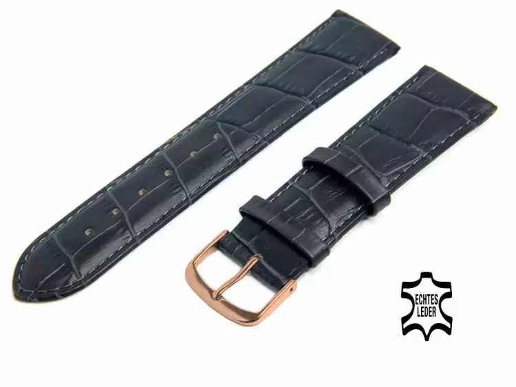 22 mm Uhrenarmband Dunkelgrau Echt Leder Kroko-Prägung, Rosegold Edelstahl-Schließe