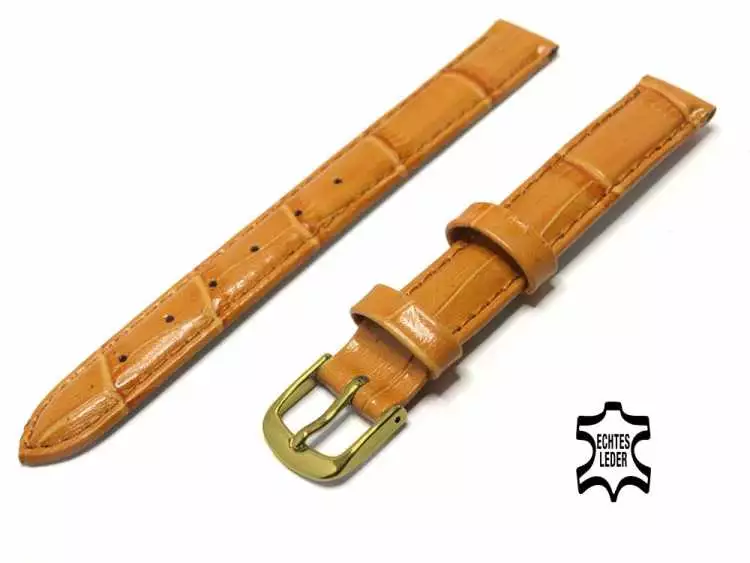 12 mm Uhrenarmband Hellbraun Krokoprägung glänzend, vergoldete Schließe