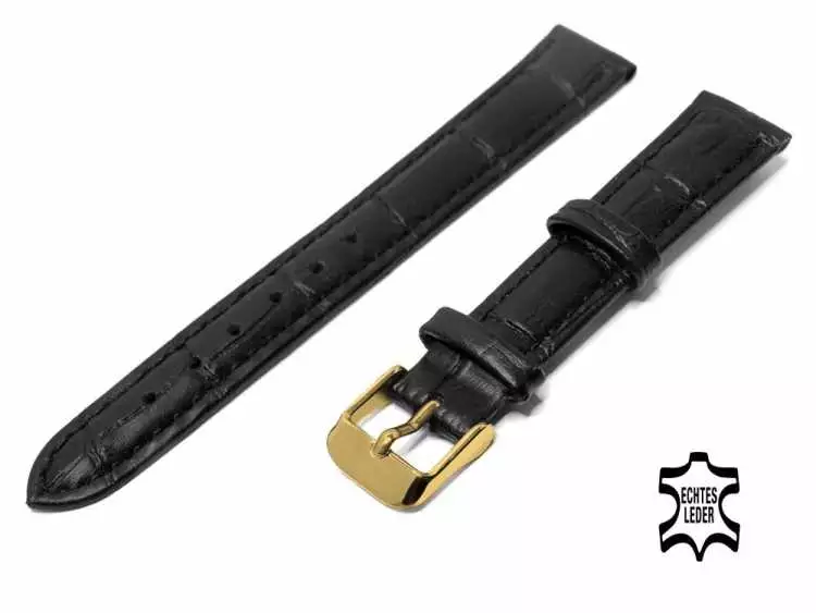 14 mm Damen-Uhrenarmband Schwarz Alligatoroptik Ziernaht, vergoldete Schließe