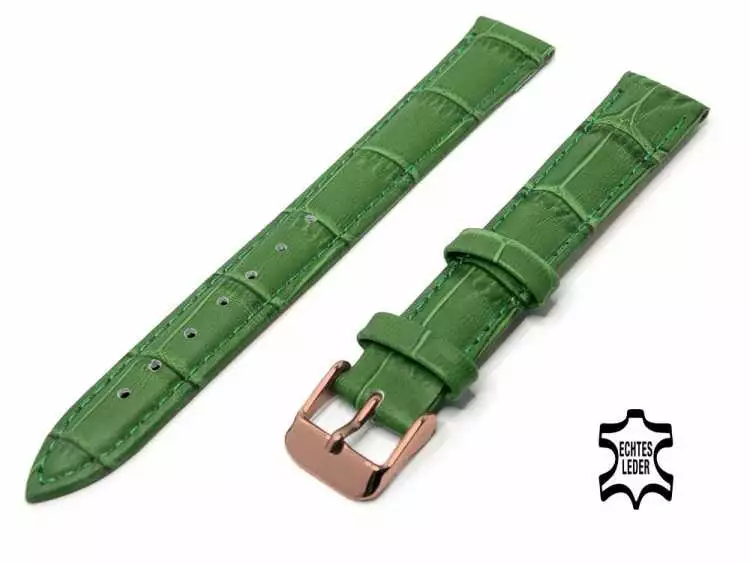 16 mm Uhrenarmband Grün Alligatoroptik Ziernaht Ton in Ton, Rosegold Edelstahl-Dornschließe
