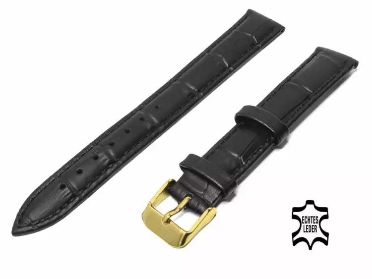 16 mm Damen-Uhrenarmband Schwarz Alligatoroptik Ziernaht, vergoldete Schließe
