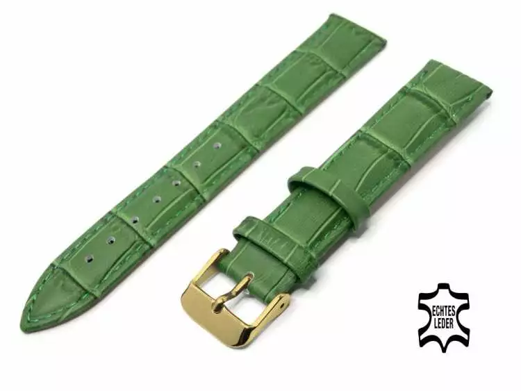 20 mm Uhrenarmband Grün Alligatoroptik Ziernaht Ton in Ton, vergoldete Schließe