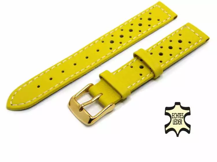 18 mm Uhrenband Gelb aus französischem Softleder mit Lochmuster, vergoldete Schließe