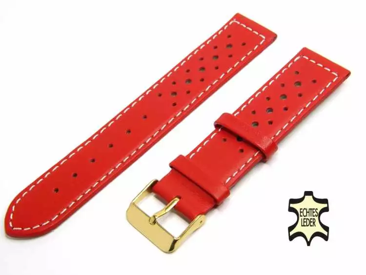 22 mm Uhrenband Rot aus französischem Softleder mit Lochmuster, vergoldete Schließe