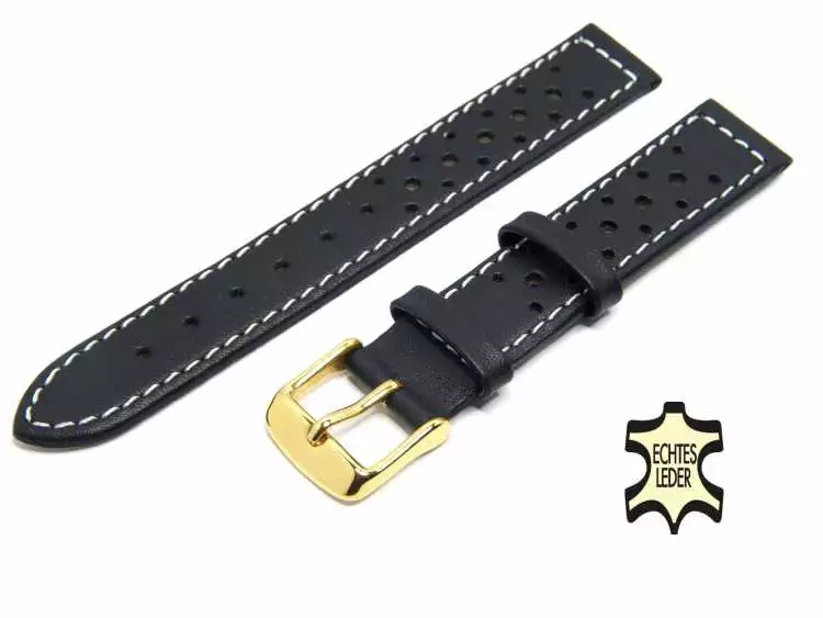 18 mm Uhrenband Schwarz aus französischem Softleder mit Lochmuster, vergoldete Schließe