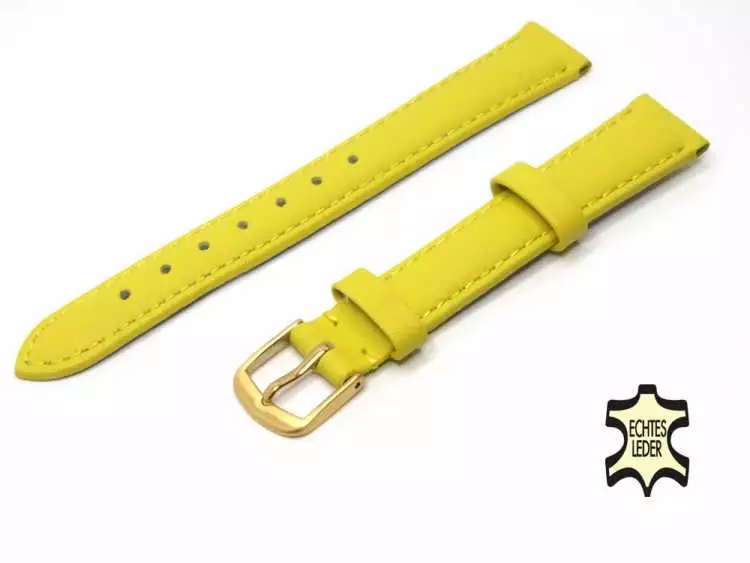 Uhrenarmband Leder 12 mm Gelb Echt Kalb Ziernaht Ton in Ton, vergoldete Schließe