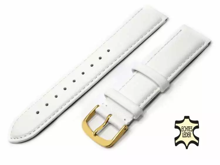 Uhrenarmband Leder 20 mm Weiß Echt Kalb Ziernaht Ton in Ton, vergoldete Schließe