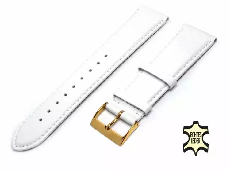 Uhrenarmband Leder 24 mm Weiß Echt Kalb Ziernaht Ton in Ton, vergoldete Schließe