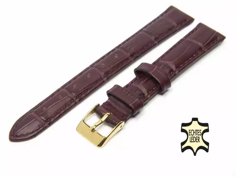 16 mm Uhrenarmband Echt Leder Bordeaux Alligatoroptik, vergoldete Schließe