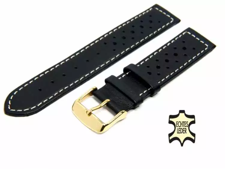 22 mm Leder Uhrenarmband Softleder Lochmuster schwarz, weiße Ziernaht, vergoldete Schließe